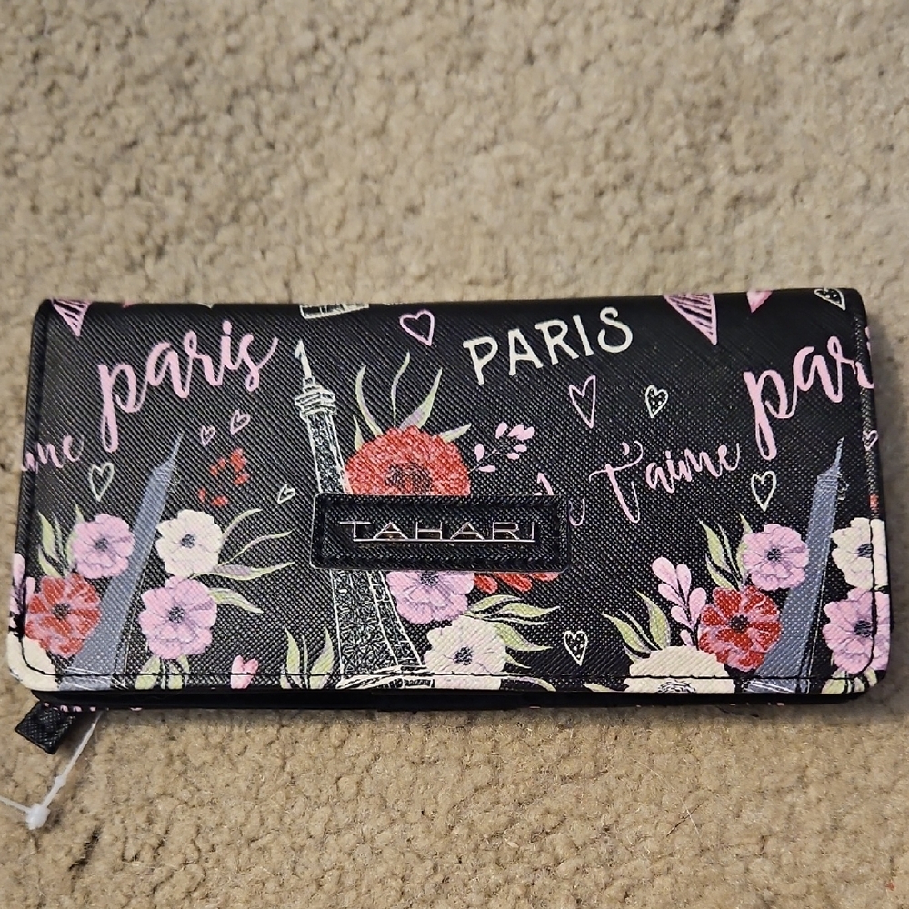 Tahari Black Wallet with Floral and Paris Motif